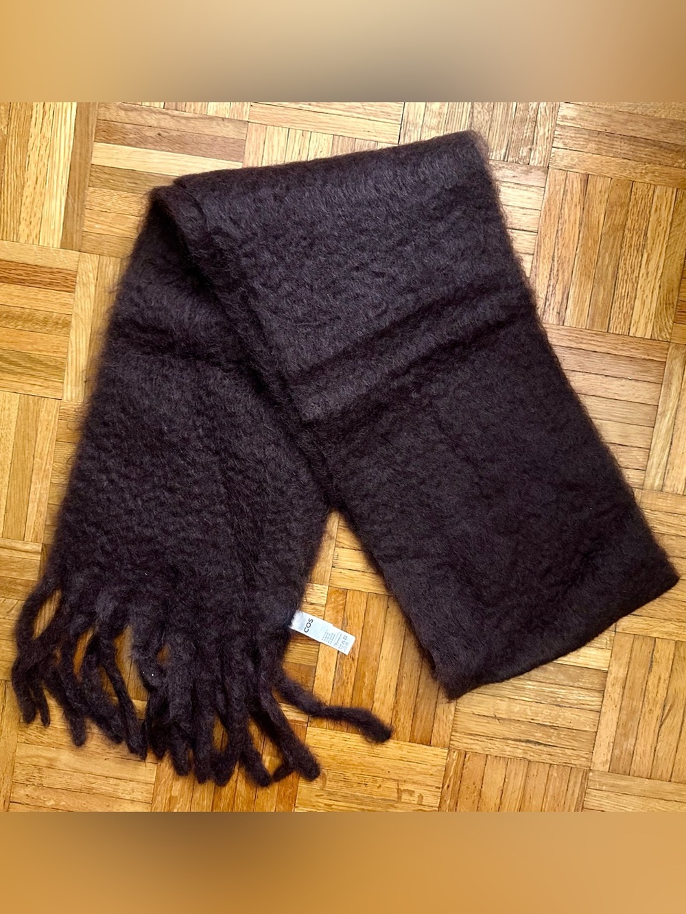 COS mohair wool fringed brushed scarf burgundy deep plum chunky oversized fuzzy - Picture 4 of 14
